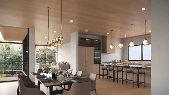 a living room with furniture a fireplace and a floor to ceiling window