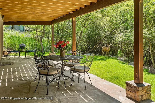 a view of a patio with a table chairs and a backyard