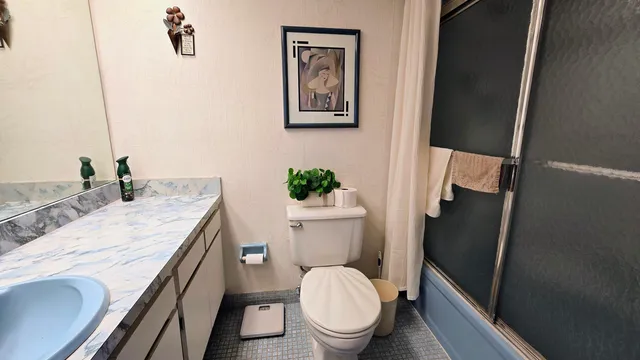 a bathroom with a granite countertop sink toilet and a mirror