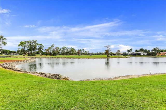 a view of a lake with houses in the background