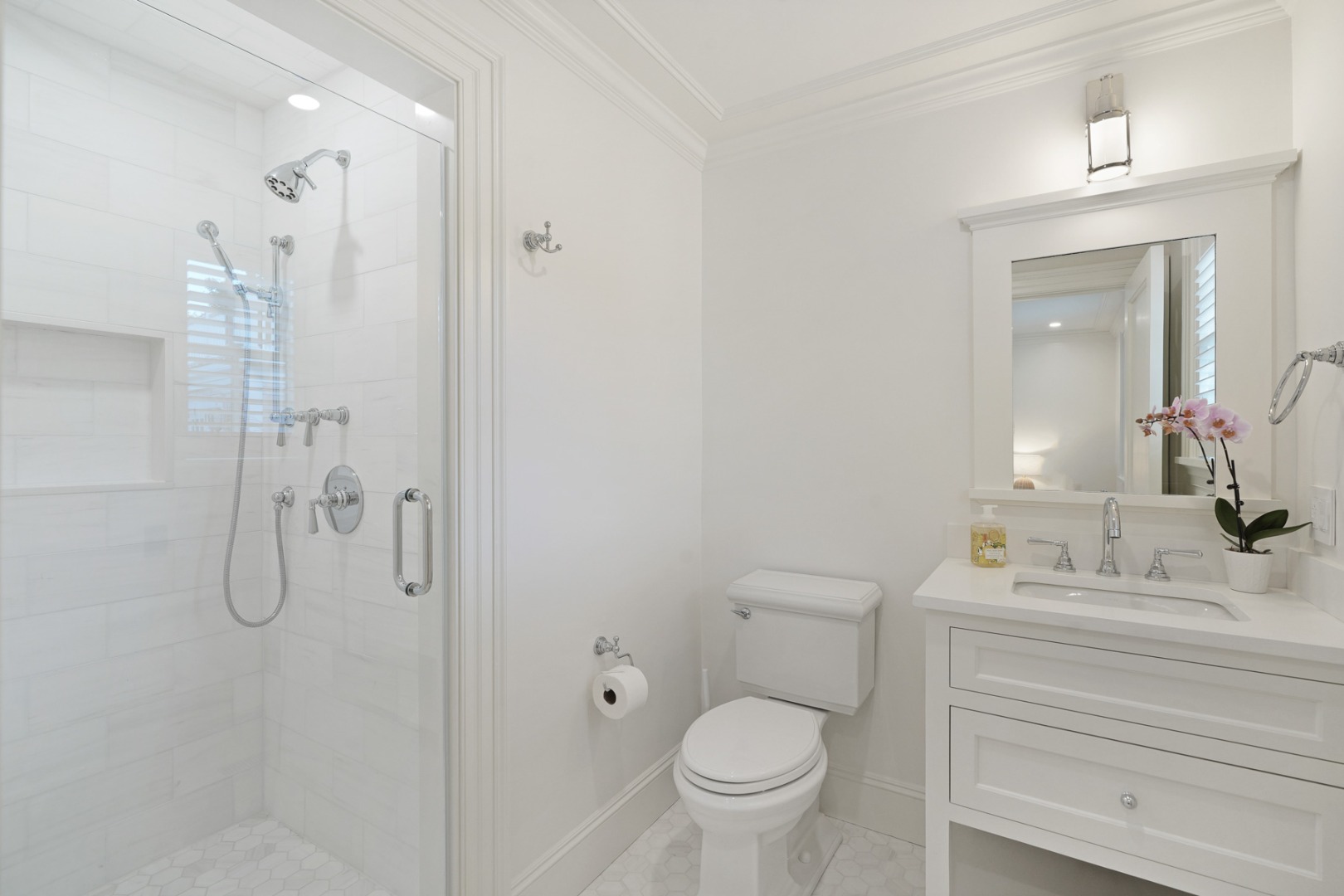 56 North Summer Street Edgartown, MA 02539 - Photo 59 of 77 a bathroom with a granite countertop sink toilet and shower