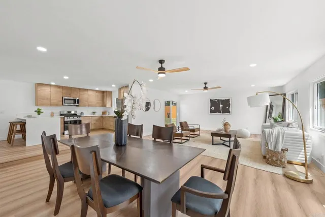 a view of a dining room with furniture