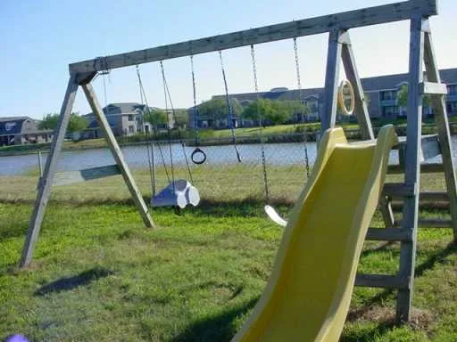 a view of a deck with a slide