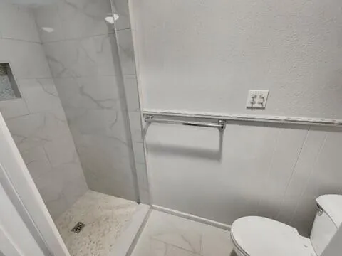 a bathroom with a shower and toilet