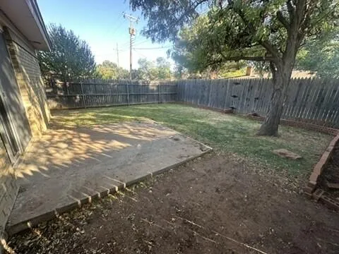 a view of a yard with large trees and wooden fence