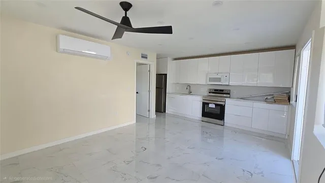 a kitchen with a refrigerator a stove top oven and white cabinets