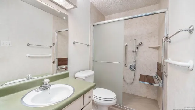 a bathroom with a sink toilet a mirror and shower
