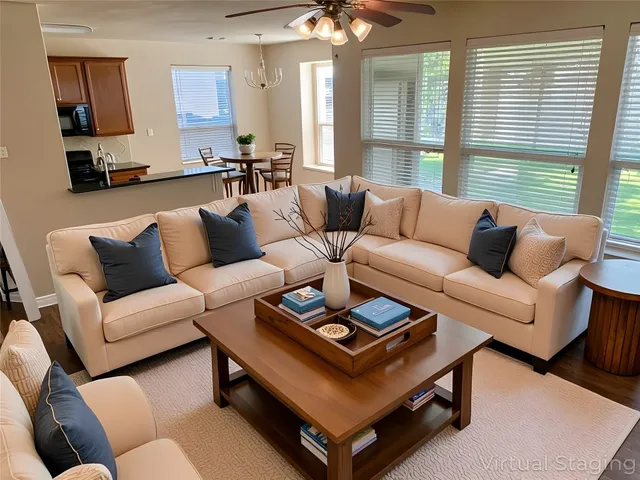 a living room with furniture a large window and a chandelier