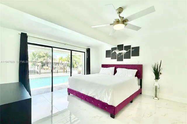 a bedroom with a bed and a large window