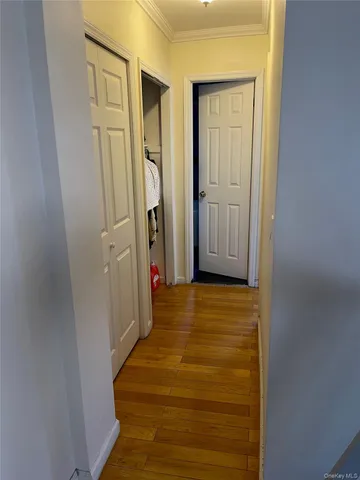 a view of a hallway with wooden floor and closet