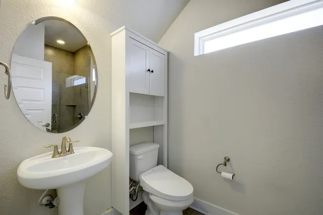 a bathroom with a toilet a sink and mirror