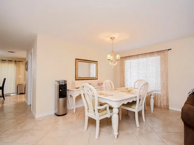 a view of a dining room with furniture