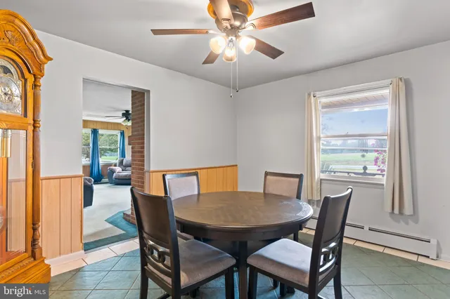 a view of a dining room with furniture and window