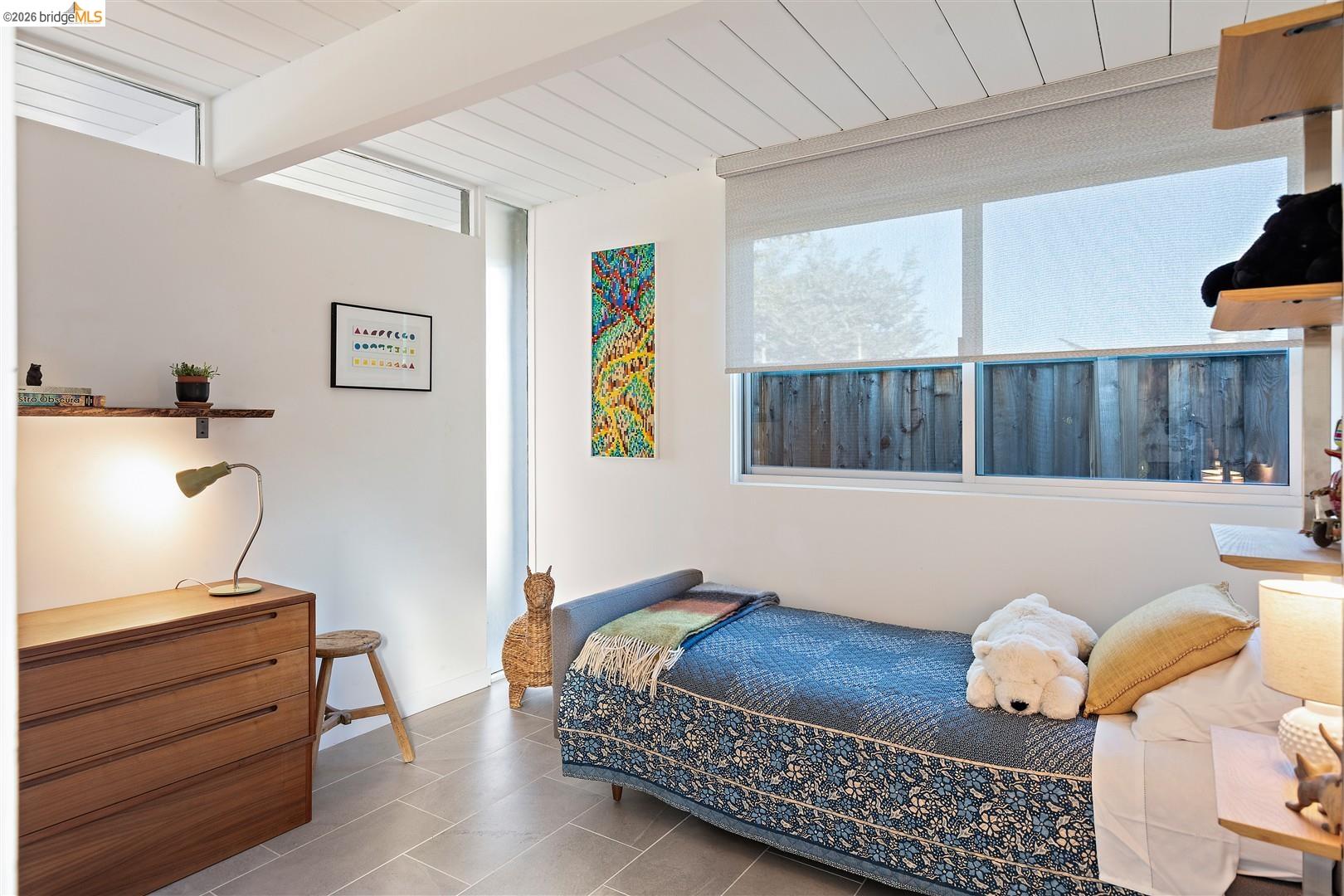 841 Montecillo Road San Rafael, CA 94903 - Photo 28 of 49 Tiled bedroom with a wooden ceiling with exposed beams