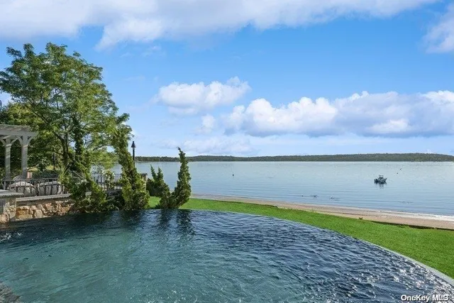 a view of a lake with beach in front of it