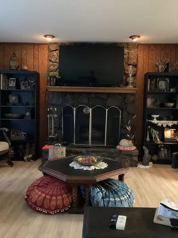 a living room with furniture and a fireplace