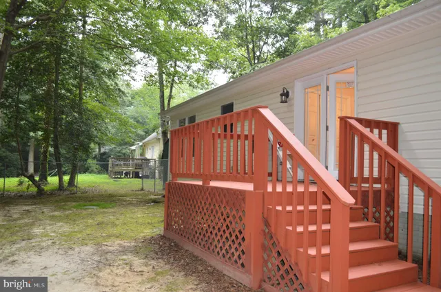 a view of backyard with deck and trees