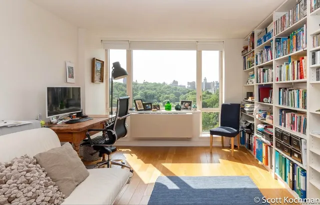 a living room with lots of furniture and a book shelf