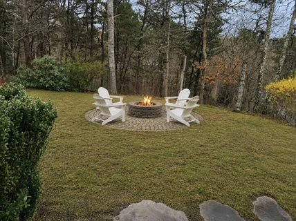 a view of a lake with couches chairs and large trees
