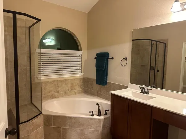 a bathroom with a sink a bathtub and a mirror