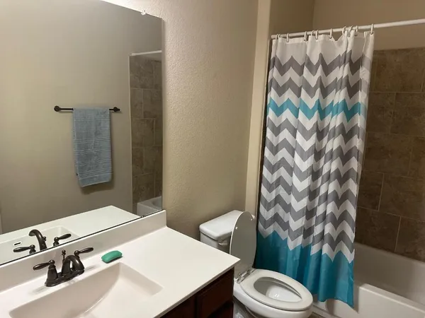 a bathroom with a sink a toilet and shower curtain