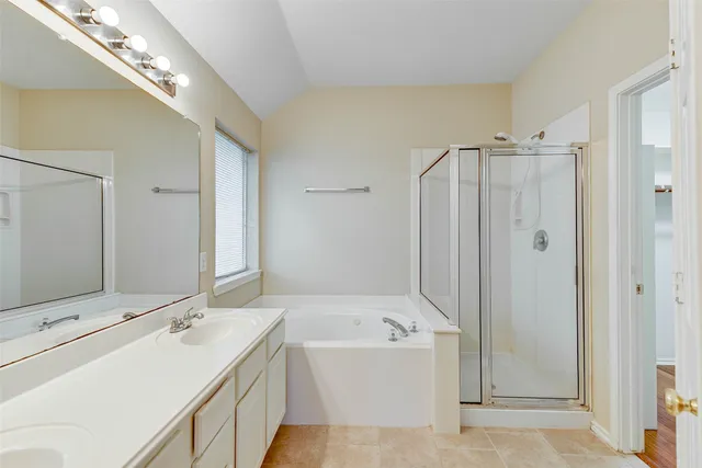 a bathroom with a tub a double vanity sink and mirror