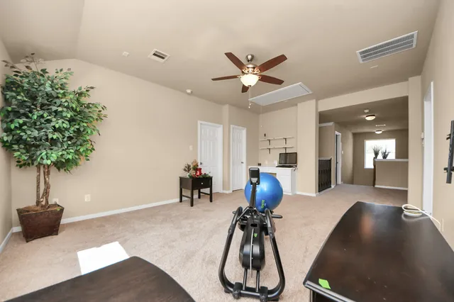 a living room with furniture potted plant and a chandelier