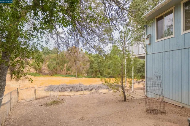 a view of a yard with large trees