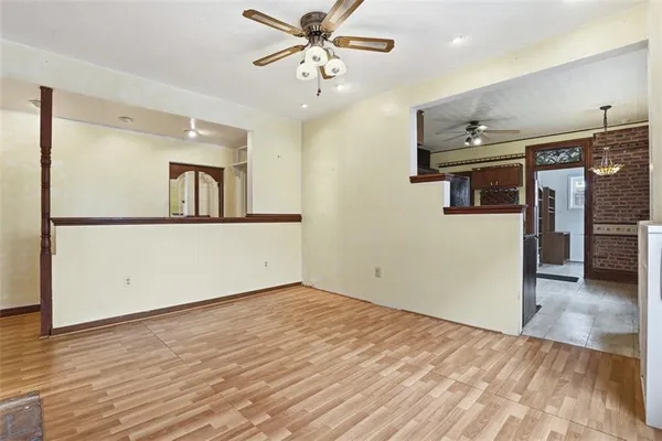 a view of a livingroom with wooden floor