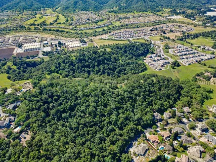 an aerial view of residential houses with outdoor space and trees all around