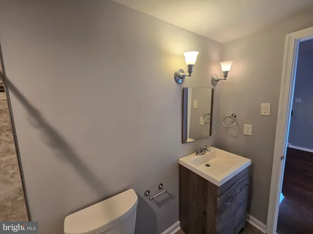 a bathroom with a sink a toilet and mirror