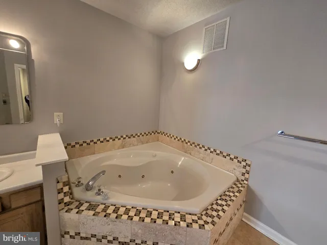 a bathroom with a tub sink and mirror