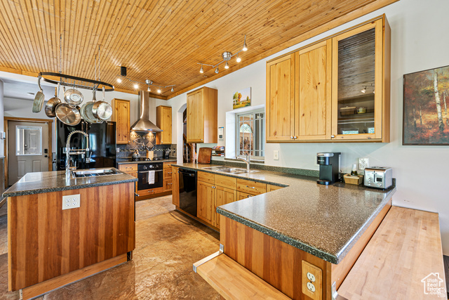 2029 West Tollgate Road Coalville, UT 84017 - Photo 13 of 43 Kitchen featuring backsplash, glass insert cabinets, a peninsula, wall chimney exhaust hood, and black appliances