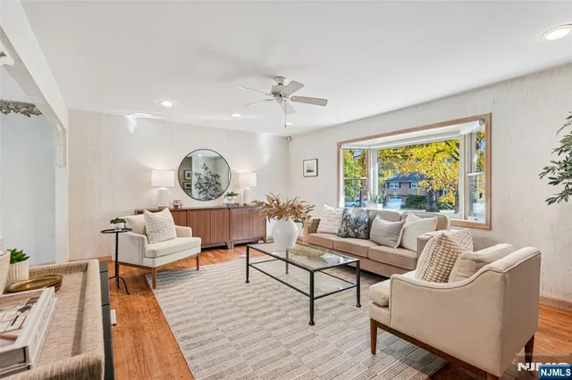 a living room with furniture a rug potted plant and a large window