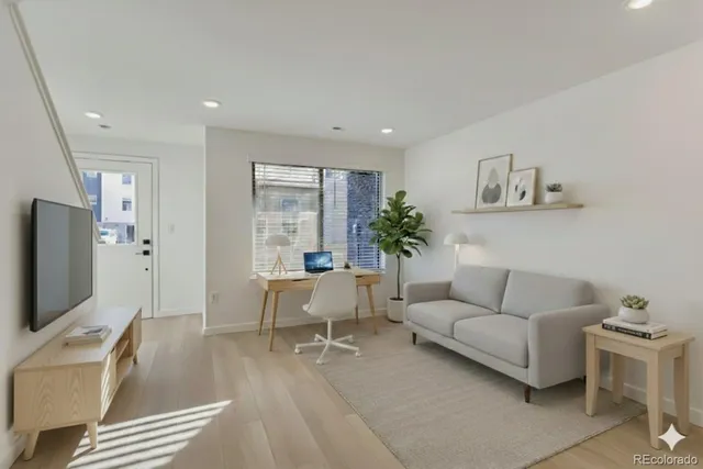 a view of a building with sitting area