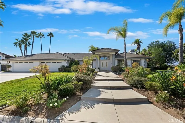 a front view of a house with a yard and palm tree