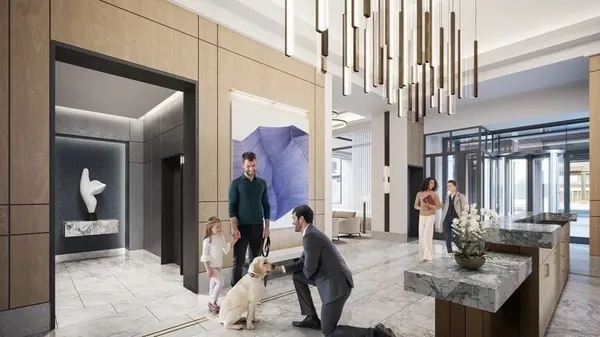 a view of hall way with mirror and furniture