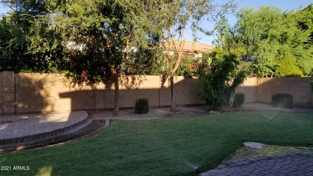 a view of a backyard with large trees