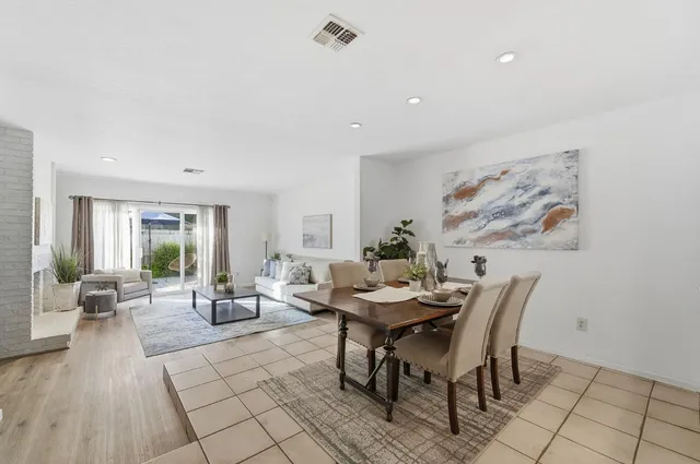 a view of a dining room with furniture