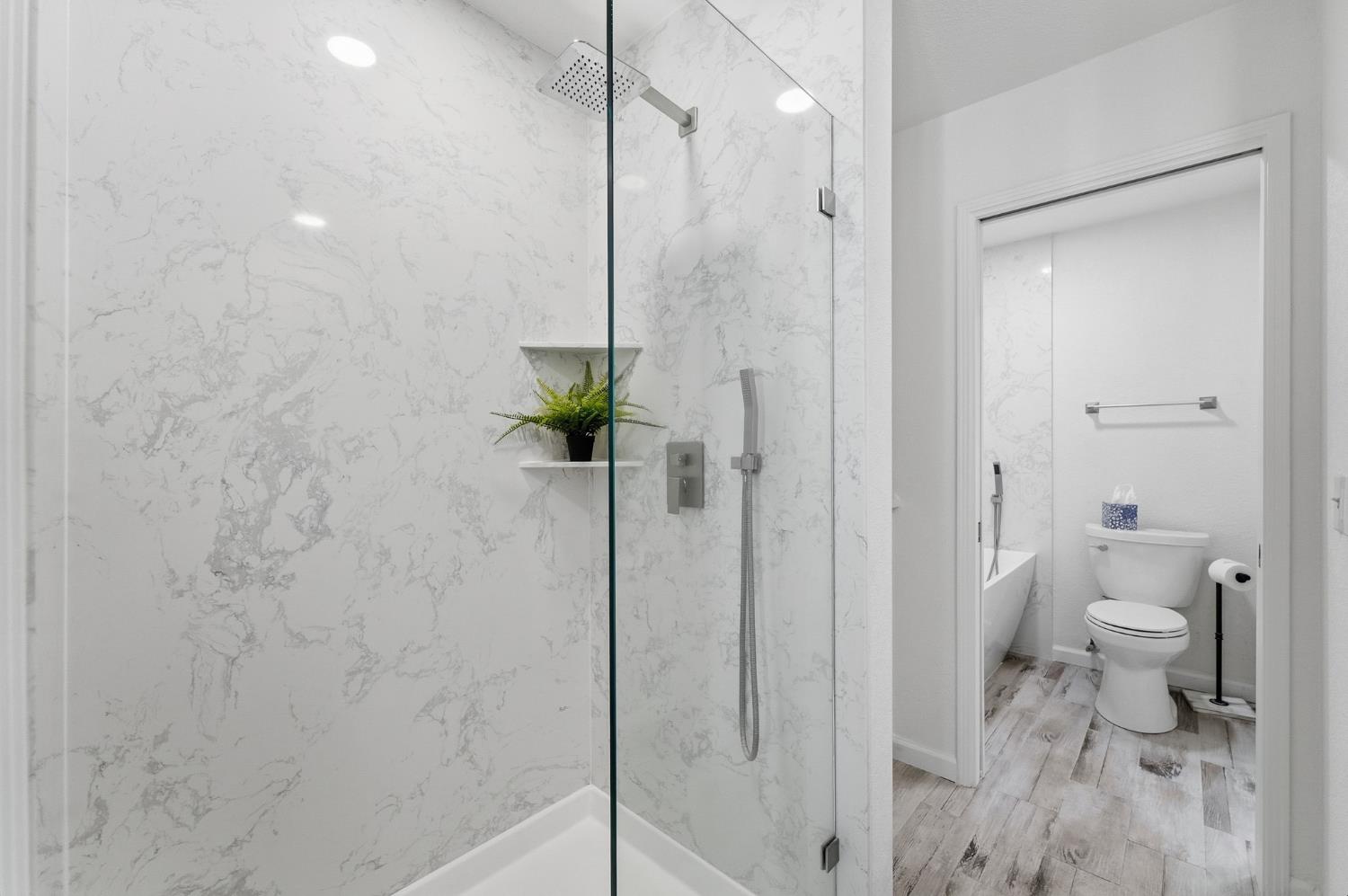 230 West Rumble Road, Unit C Modesto, CA 95350 - Photo 37 of 54 a bathroom with a shower and a toilet