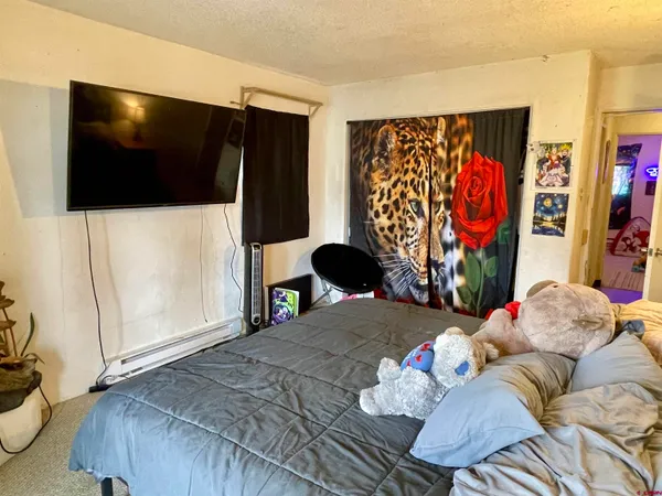 a bedroom with a bed tv and dresser