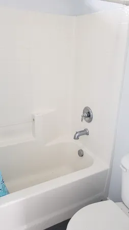 a bathroom with a bathtub and a toilet