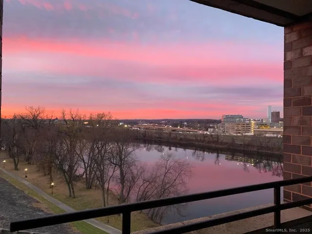 a view of a lake with a city skyline in the background