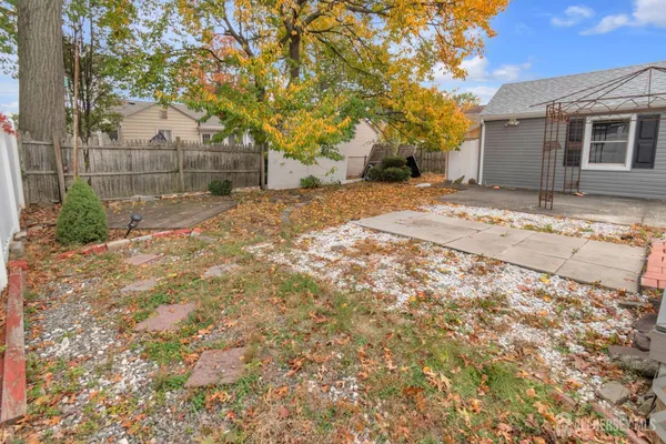 a view of a yard with a large tree