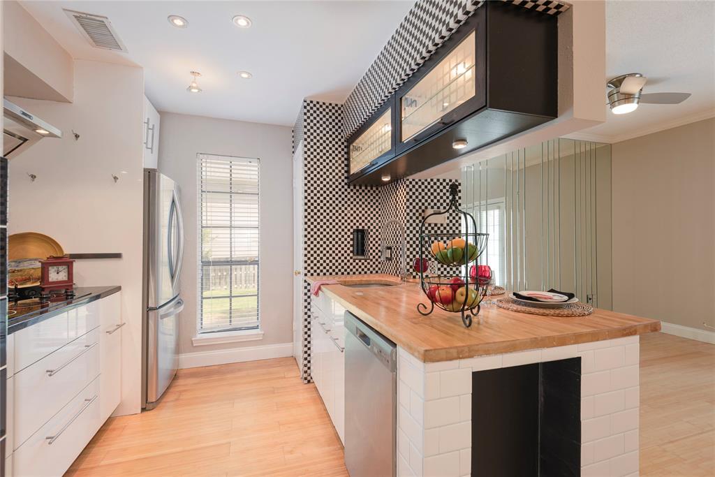 14333 Preston Road, Unit 2807 Dallas, TX 75254 - Photo 10 of 31 Kitchen featuring butcher block counters, light wood finished floors, stainless steel appliances, white cabinets, and recessed lighting