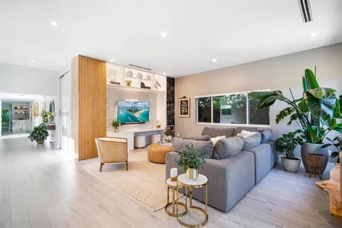 a living room with furniture and a potted plant