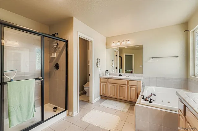a large bathroom with a granite countertop tub sink shower and mirror