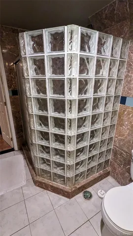 a bathroom with a toilet and a shower