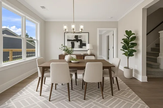 a view of a dining room with furniture window and wooden floor