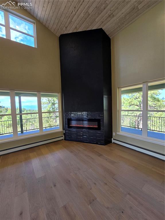 33036 Meadow Ridge Lane Trinidad, CO 81082 - Photo 15 of 50 Unfurnished living room with wooden ceiling, a healthy amount of sunlight, wood-type flooring, and contrmporary electric fireplace